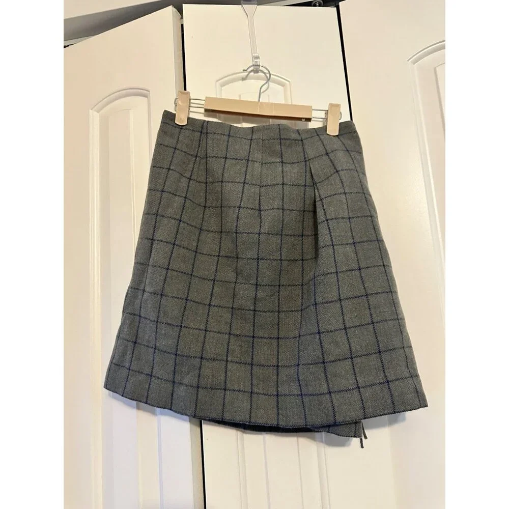 Uniqlo Ines‎ De La Fressange Skirt Plaid Grey Fringe Windowpane Size 2 NWT